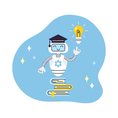 AI Robot assistant points at light bulb. There is stack of books nearby. Artificial Intelligence Virtual Assistant. Concept Data Analytics and education. Isolated vector illustration.
