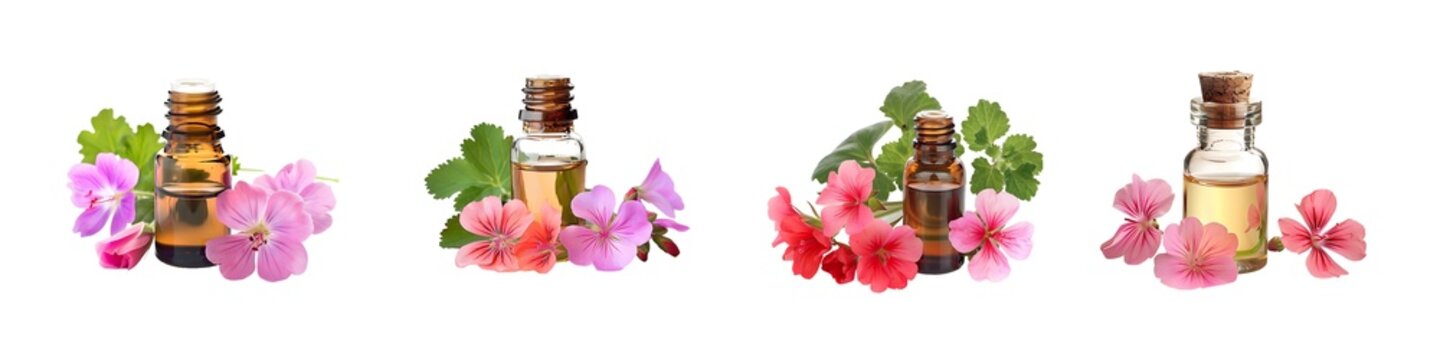 Set of geranium essential oil, isolated on transparent background