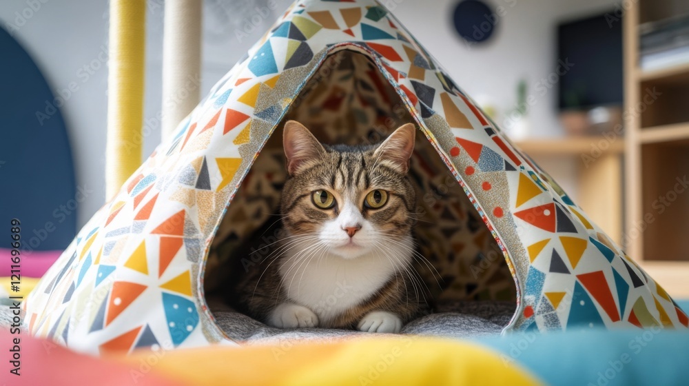 Poster a contemporary cat house made of fabric and wood, featuring playful patterns and textures, set in a 