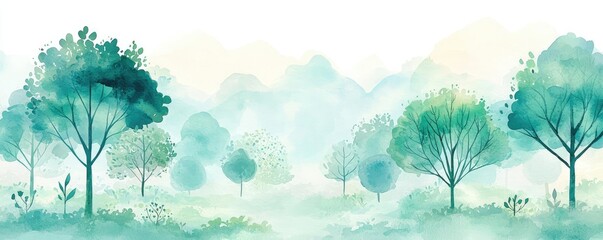 Fototapeta premium Whimsical watercolor idea. A tranquil watercolor landscape featuring lush green trees and soft misty atmosphere.