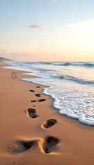 Footprints in the sand leading toward gentle ocean waves at sunset, capturing a serene and tranquil beach moment. Vertical composition.
