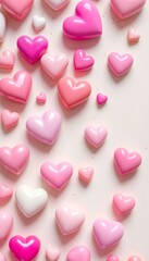 Obraz premium Glossy pink and white hearts scattered on a soft pastel pink background, creating a charming and romantic Valentine's Day design. Perfect for vertical social media banners.