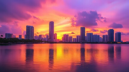 Naklejka premium A tranquil urban skyline during sunset, with vivid orange and purple hues.