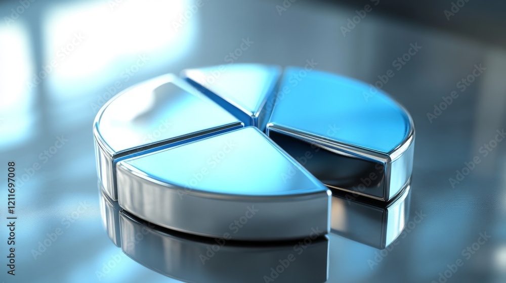 Poster A corporate D pie chart with glossy silver and blue segments, with one slice slightly pulled out to highlight its significance, displayed on a reflective surface.