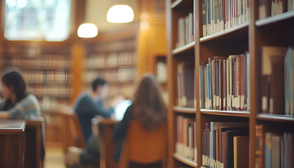 Library with Shelves of Books and People Reading or Studying

