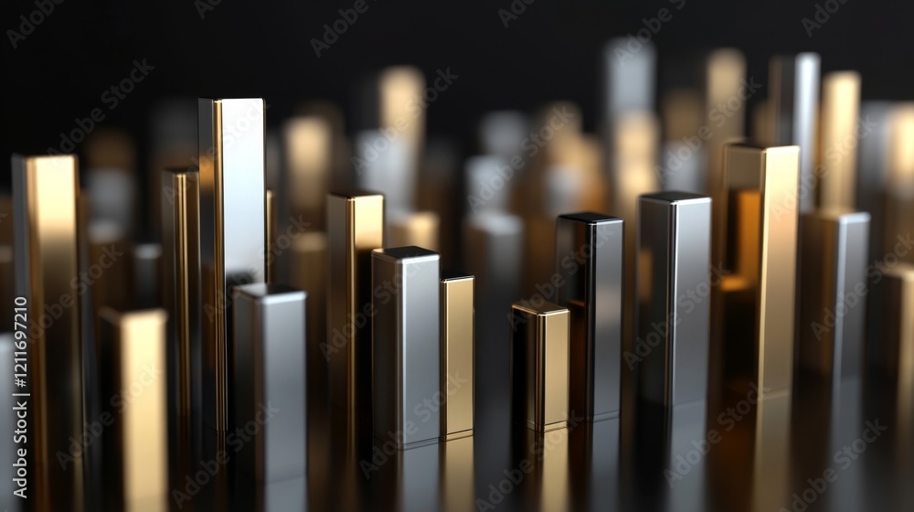 Aufkleber A corporate bar graph with silver and gold bars, representing financial performance, set against a dark background with subtle reflections and floating labels.