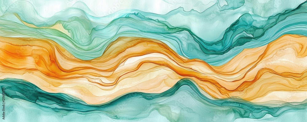 Poster whimsical watercolor idea. abstract fluid art with vibrant colors blending in waves, creating a soot