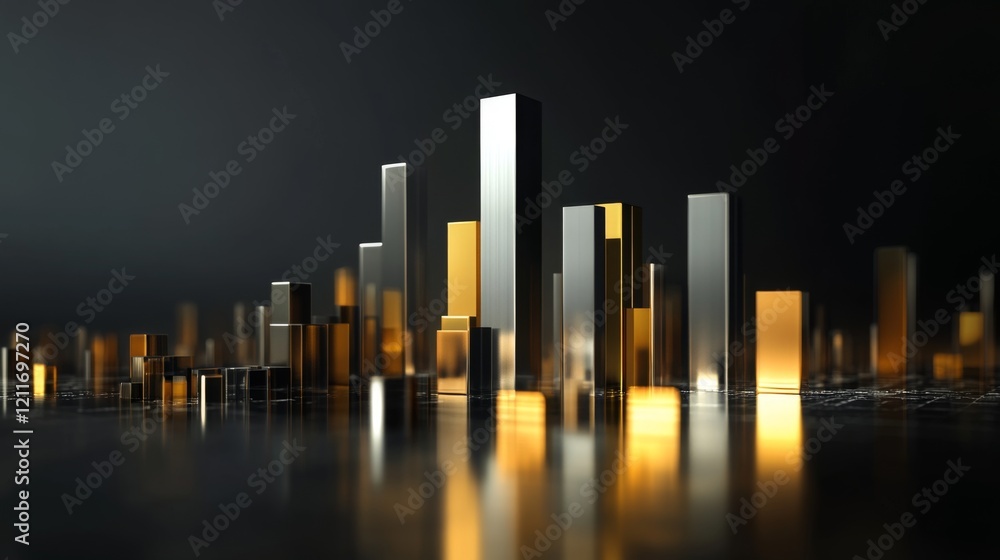 Aufkleber A corporate bar graph with silver and gold bars, representing financial performance, set against a dark background with subtle reflections and floating labels.