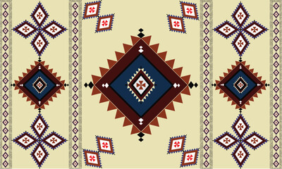 This image showcases a geometric pattern inspired by traditional tribal or ethnic designs. The pattern features a symmetrical arrangement of diamond shapes in earthy tones, including brown, navy blue 
