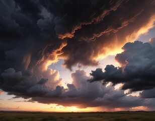 Dramatic sky at sunset with dark storm clouds, dramatic, stormy