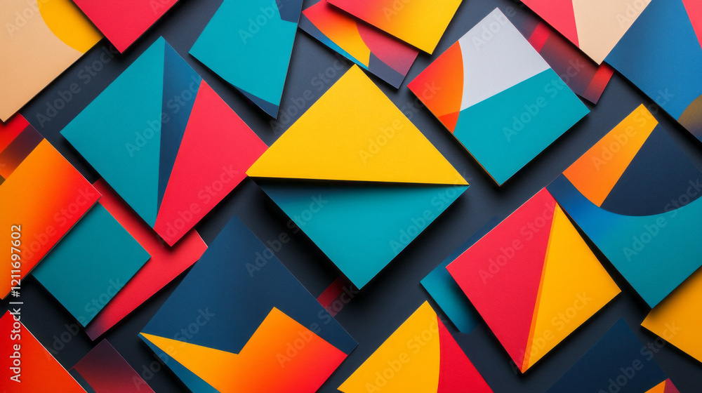Poster modern abstract geometric design with overlapping colorful squares and vibrant teal
