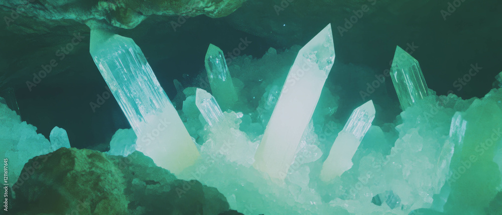 Poster explore the enchanting textures of crystal caves filled with sparkling formations