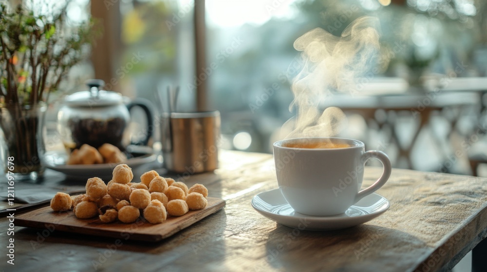 Poster A cozy caf setting with a steaming cup of Chaa Chak on a wooden table, accompanied by traditional snacks, creating an inviting atmosphere for tea lovers.