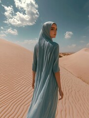A woman in a hijab with green eyes, wearing a blue linen dress, walking somewhere in the desert.