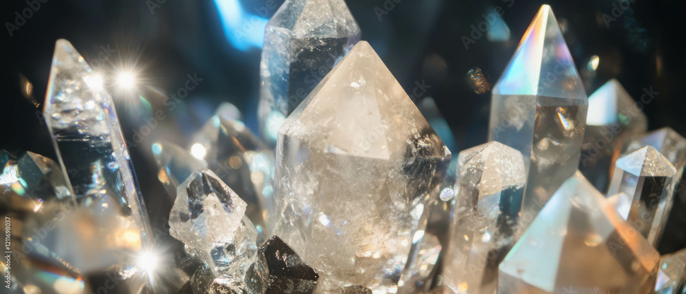 Poster explore the intricate beauty of crystal textures and geometric shapes with sparkling reflections