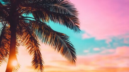 Tropical sunset with palm silhouette and vibrant sky.