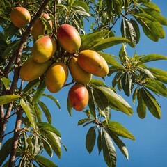"Mango trees in full bloom, with clusters of tiny white flowers turning into fruit under clear skies."
