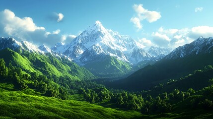 Obraz premium Majestic Snow-Capped Mountains Surrounded by Lush Green Landscape