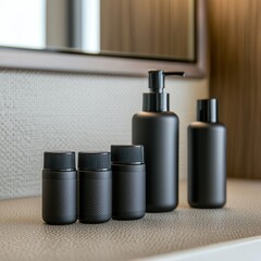 hygiene textured countertop supplies concept. Luxury black cosmetic containers arranged on a stylish surface in an elegant setting.