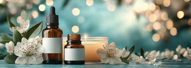 Essential oils and candles arranged with flowers in a serene setting