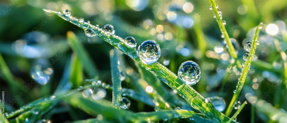 Aufkleber sparkling dew drops on smooth blades of grass at dawn