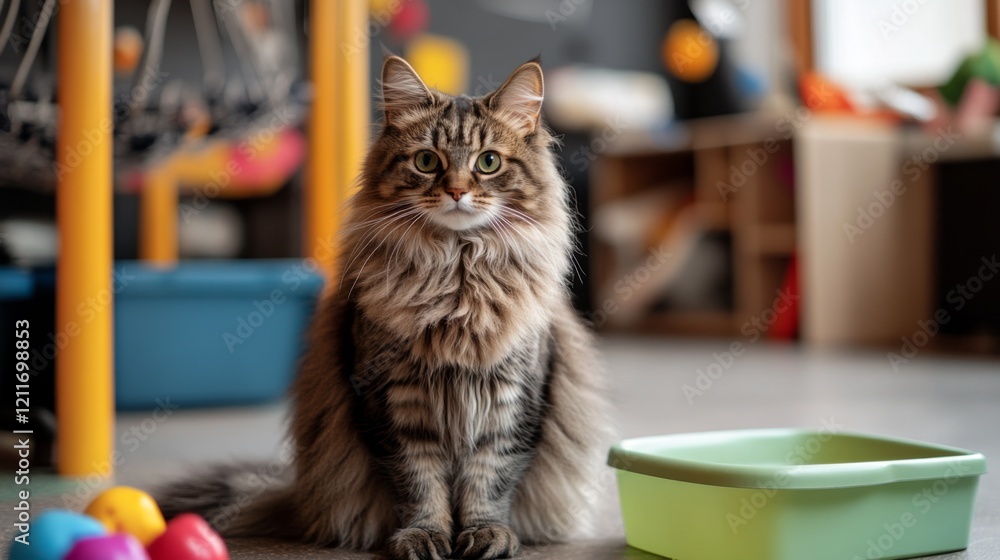 Poster a cozy image of a fluffy cat sitting contently beside a clean litter box, surrounded by pet toys, cr