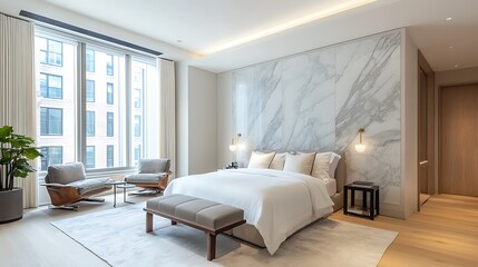Luxury Modern Bedroom with Marble Accent Wall and City View