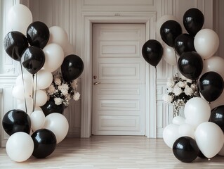 A birthday room with Stripes white and black wall panels with white floor. in the center flowers of wall there is a big white arch .there are lots of black and white balloons top of the arch.