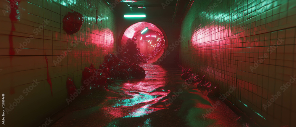 Poster surreal view of a warped tunnel with glowing reflections and textured surfaces