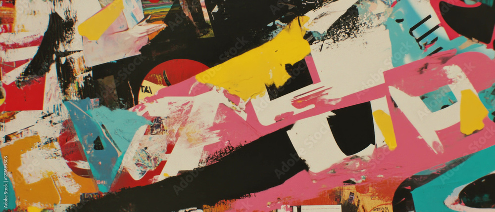 Poster unique abstract artwork featuring distorted typography and vibrant colors in playful arrangement