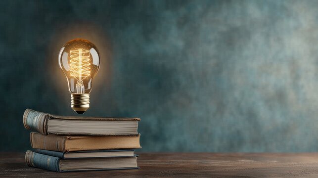 Illuminating Ideas: A Light Bulb on a Stack of Books Symbolizes the Fusion of Technology, Knowledge, and Creativity in Contemporary Learning and Intellectual Growth