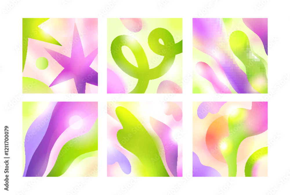Poster Abstract gradient mesh backgrounds with flowing blur shapes, dynamic fluid. Colored patterns with soft light flares, blurry textures. Creative modern design in trendy style. Flat vector illustration