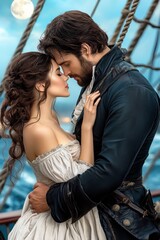 A romantic couple embraces on a ship, set against a dramatic sky, evoking a sense of adventure and passion.