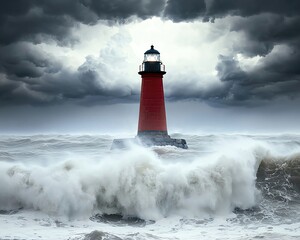 Obraz premium Storm big waves lighthouse depicting a lone lighthouse keepers silhouette visible through the window as the storm rages on