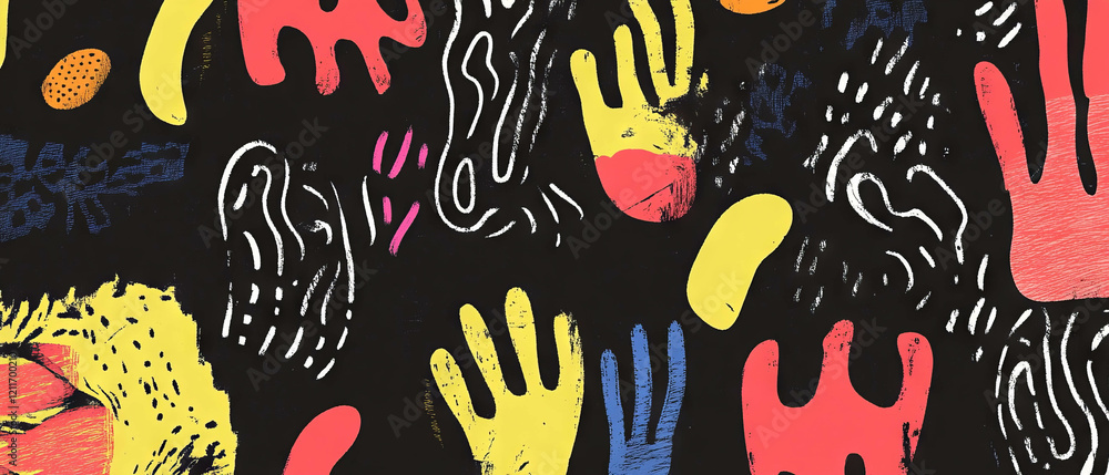 Aufkleber Creative doodle patterns with vibrant colors and varied shapes on a dark background