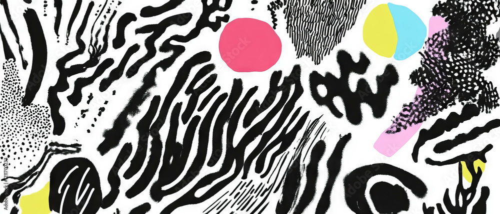 Poster exploring the diverse textures of doodle patterns and abstract shapes in creative artistry