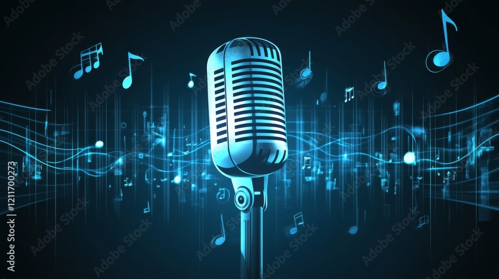 Fototapete A creative representation of a microphone surrounded by sound waves and musical notes, visually illustrating the art of sound and music creation