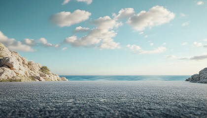 Serene Coastal Landscape with Blue Skies, Clouds, and Rocky Cliffs

