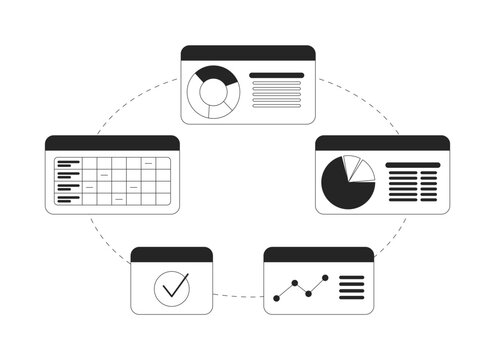 Interconnected circular business dashboard workflow black and white 2D line object. Data analysis. Information management isolated clip art vector outline item. Monochromatic spot illustration