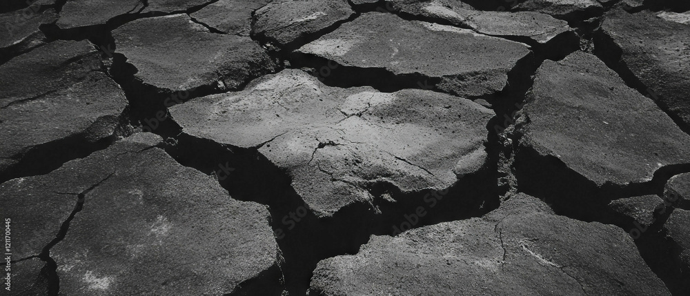 Poster textured surface of dry cracked mud with geometric patterns under sunlight