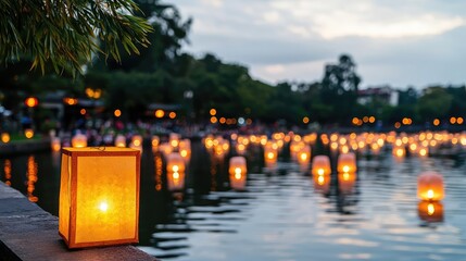 Chinese new year celebration idea. Serene lanterns glowing on water, creating a peaceful evening atmosphere.
