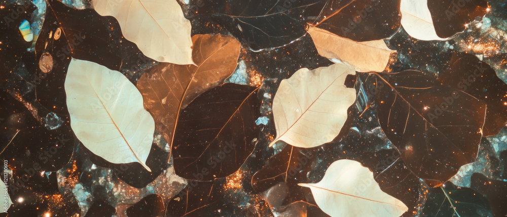 Poster exploring the intricate patterns of dry leaves under soft sunlight