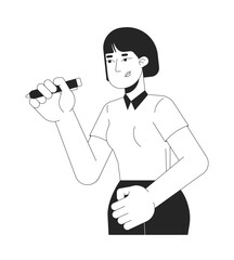 Professional asian woman writing with pen marker in hand black and white 2D line character. Korean office worker poised to write isolated vector outline person. Monochromatic spot illustration