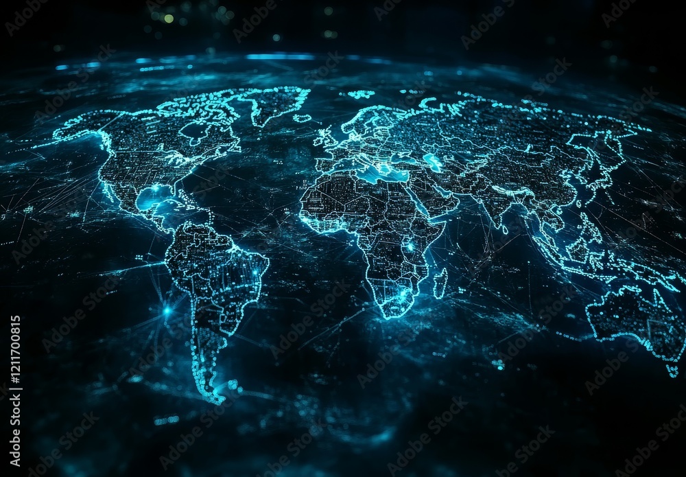 Poster global network connections visualized on a digital world map.
