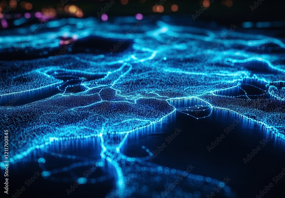 Poster abstract blue glowing particle network map.