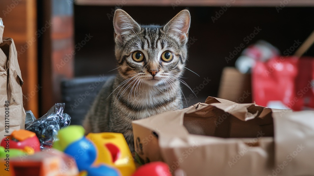 Poster a cute shot of a cat curiously inspecting a new litter box, surrounded by packaging and toys, captur