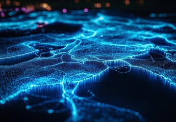 Abstract blue glowing particle network map.