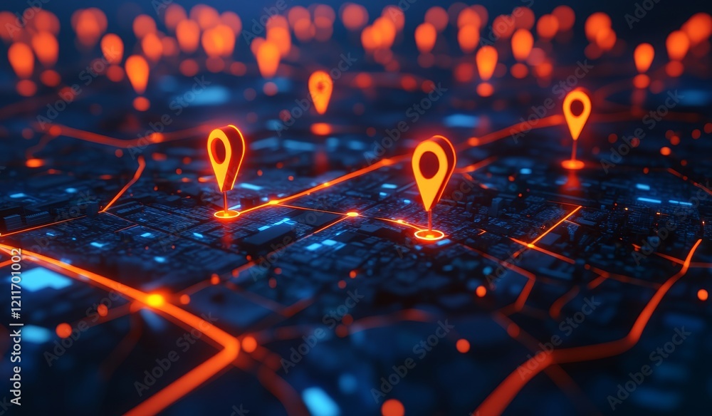 Poster abstract digital map with glowing location markers illustrating network connections and data flow.
