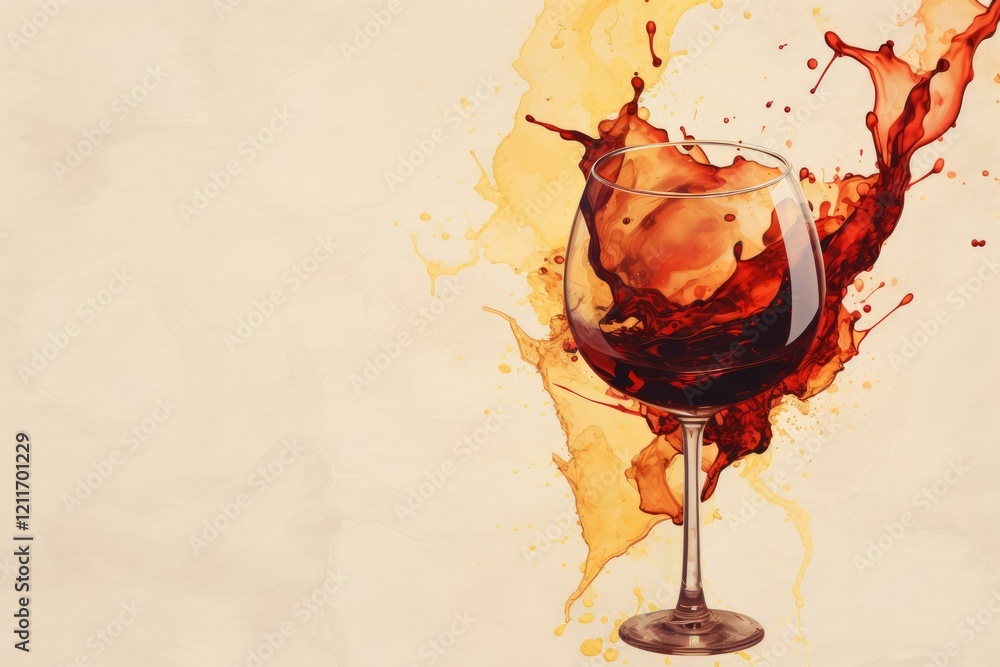 Aufkleber red wine splashing from a glass creating abstract shapes on a light background, ideal for beverage a