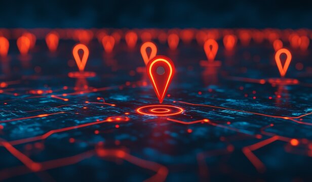 Glowing red location pins on a digital map.